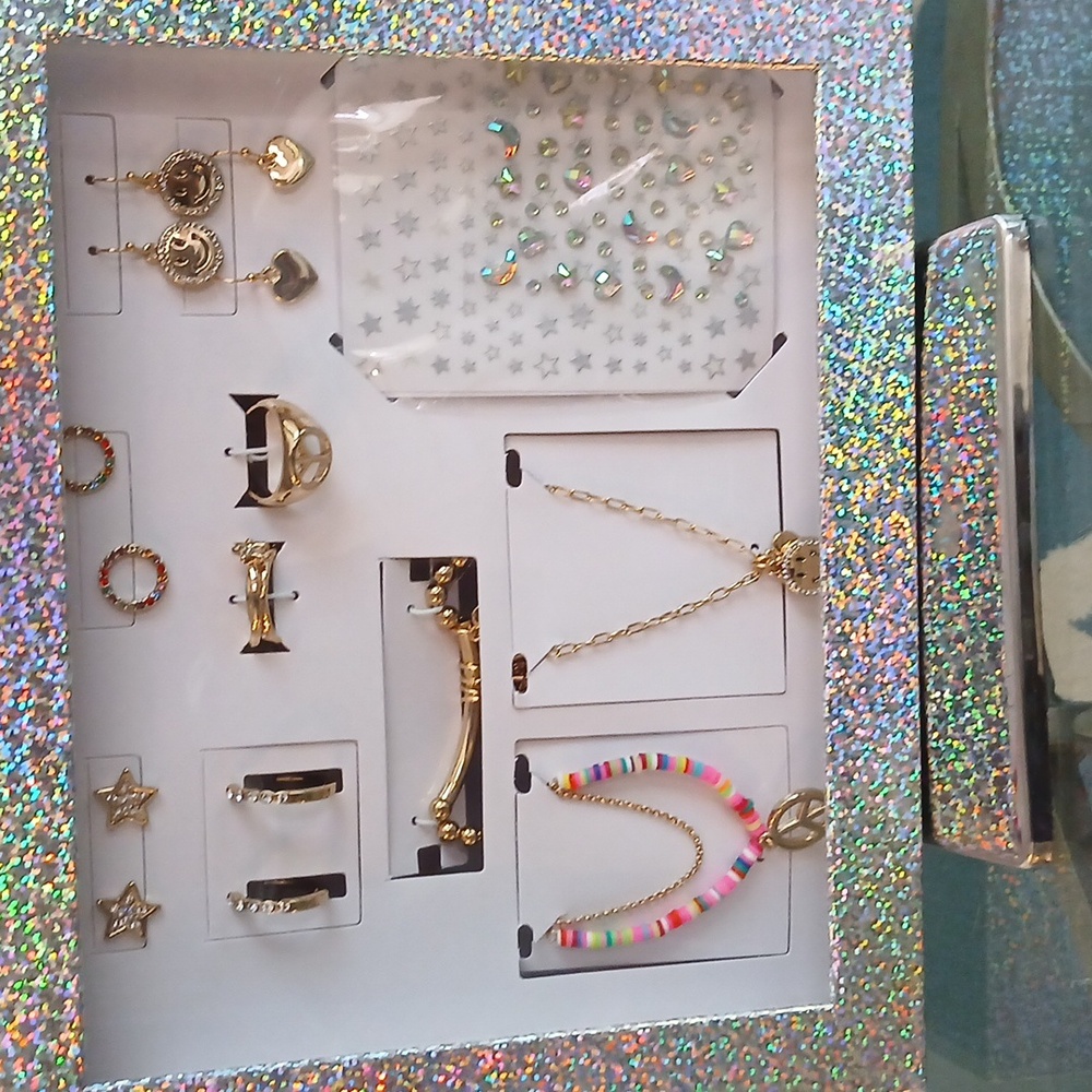 Jewelry set, 14 pieces of jewelry and nail decals, brand new in box.